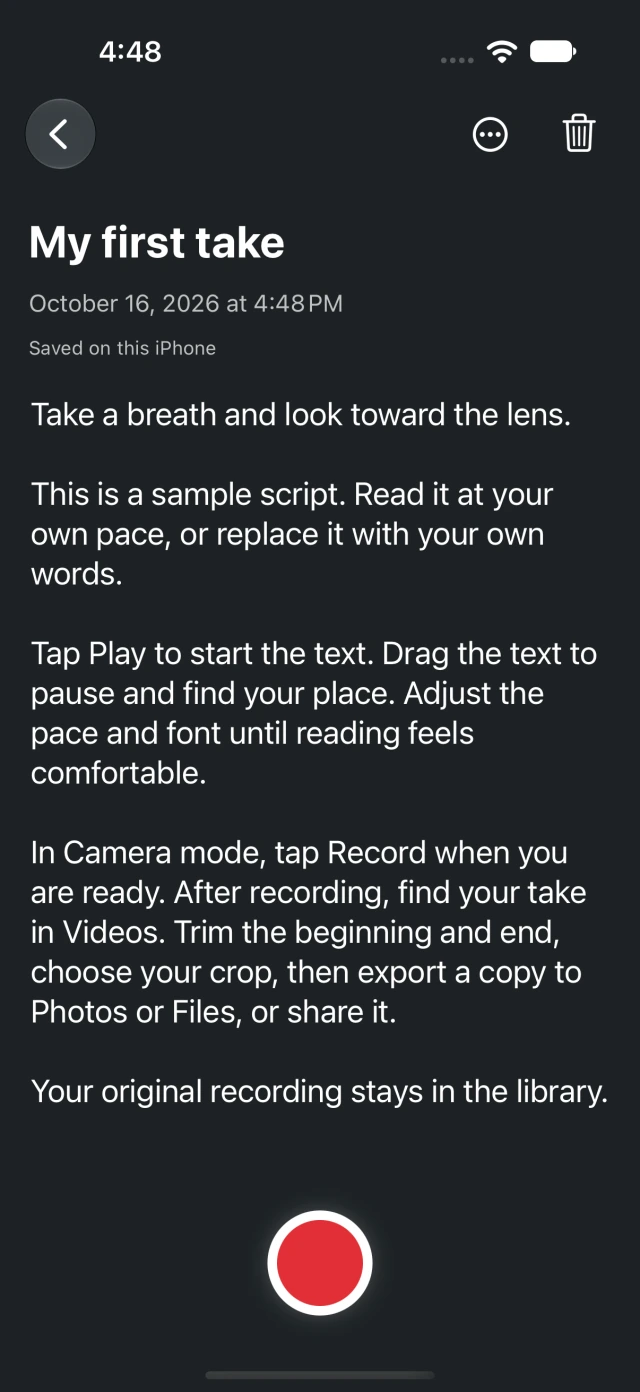 Actual iPhone app script editor with a saved script ready to rehearse or record