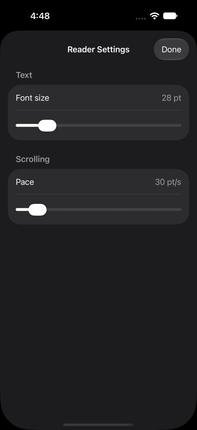 Actual iPhone reader settings for adjusting the prompt appearance and reading position