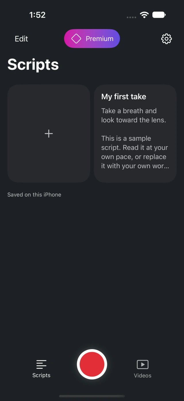 Actual Teleprompter Pal iPhone Scripts screen with a saved script and central Record control